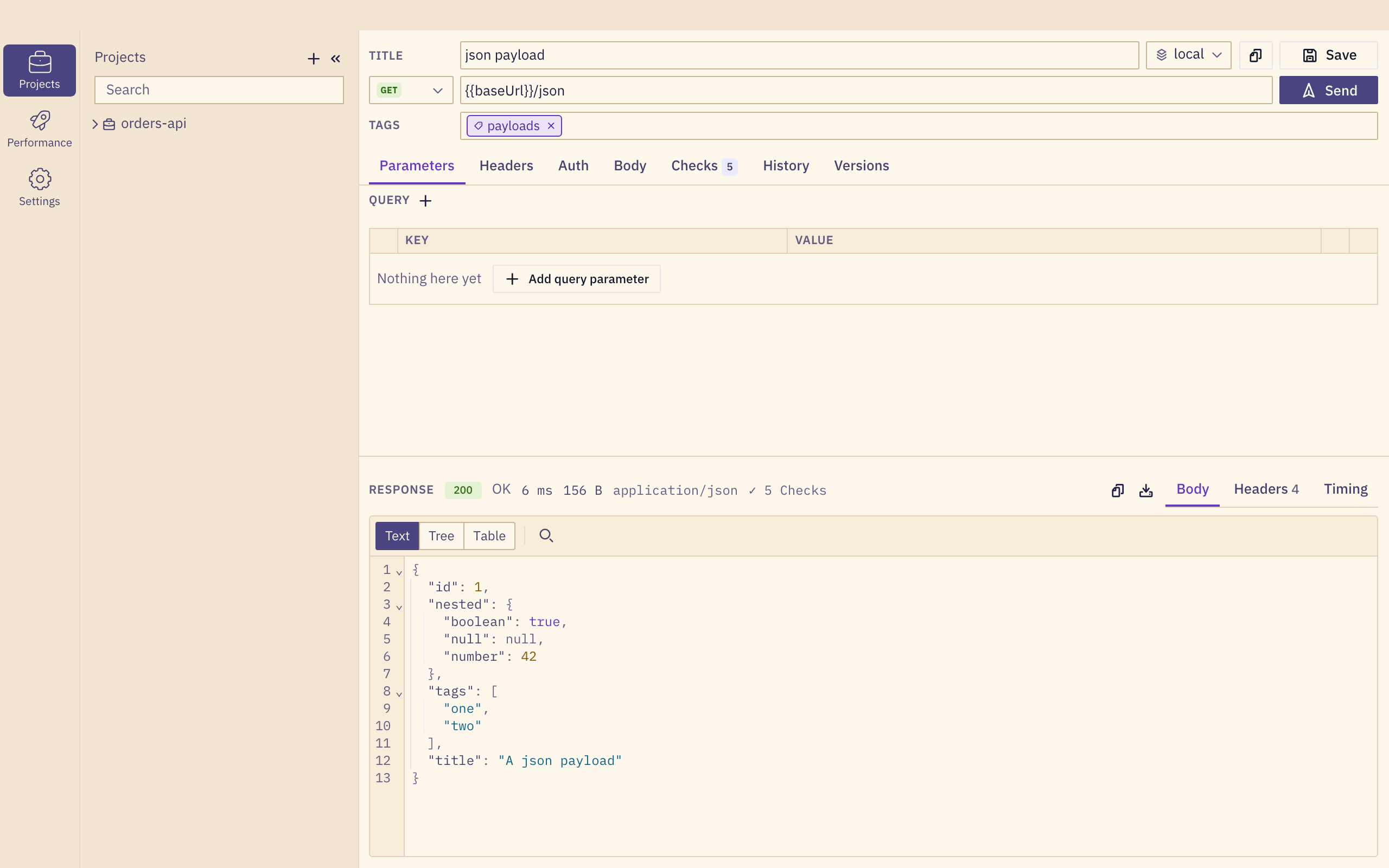 The gurl request form: GET {{baseUrl}}/json returned 200 OK in 4 ms, 156 bytes of JSON, with 5 checks passed.