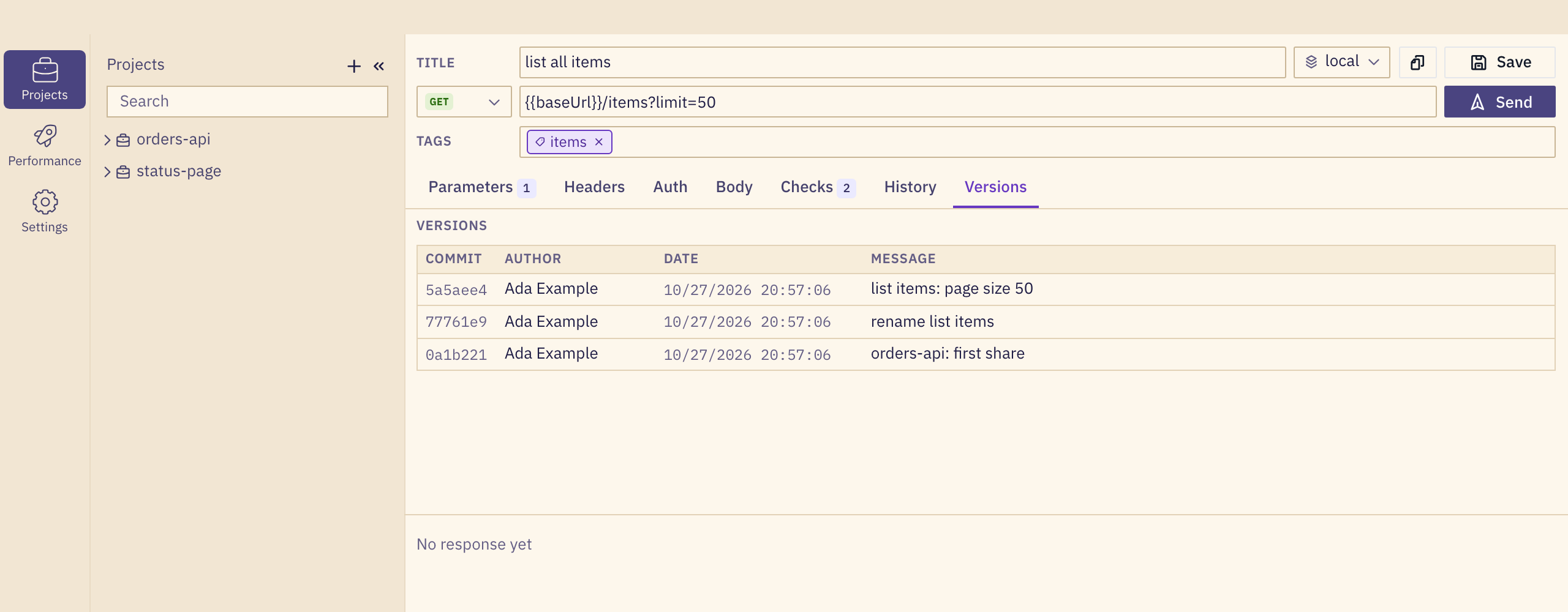 The Versions tab of a request in gurl, listing three commits from the project's git history.